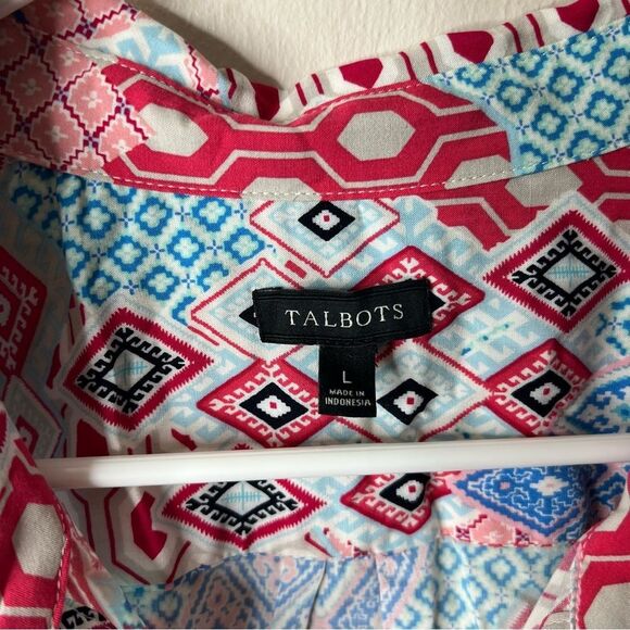Talbots Pink Blue Patchwork Button Popover Long Sleeve Blouse - Picture 3 of 7
